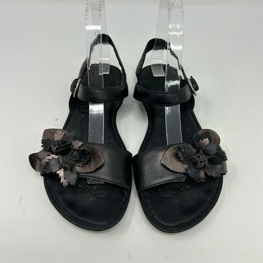 Born Yuki Women's Strappy Sandals Black Slingback Floral Accent Flat Size 8